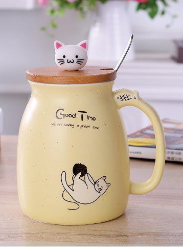 450ml Cartoon Ceramic Cat Mug with Lid & Spoon