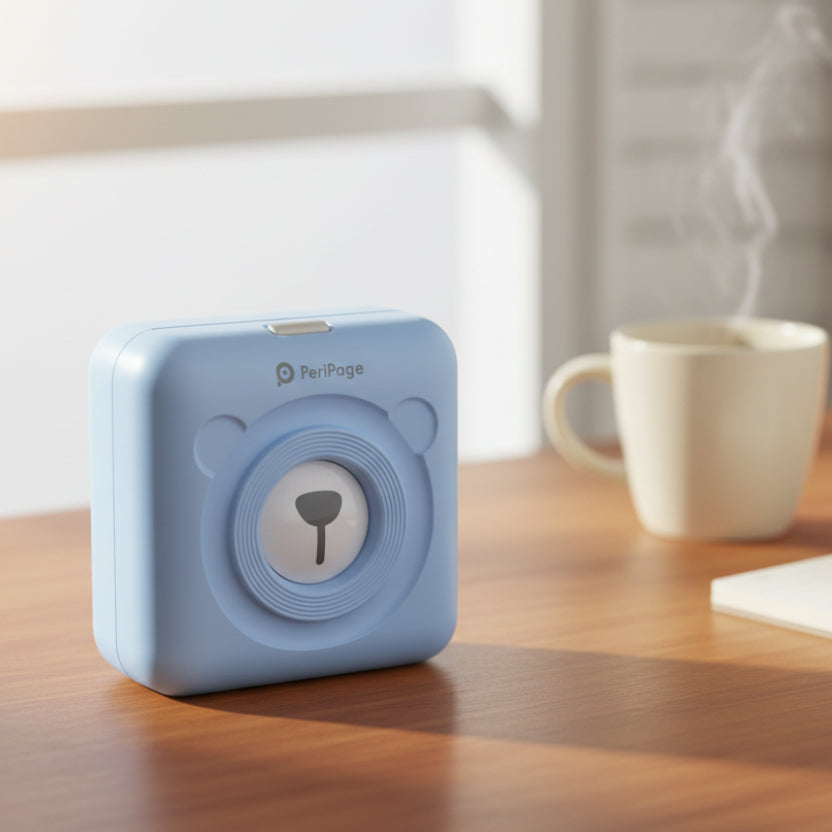 Small blue printer with 'PeriPage' branding on a light blue background
