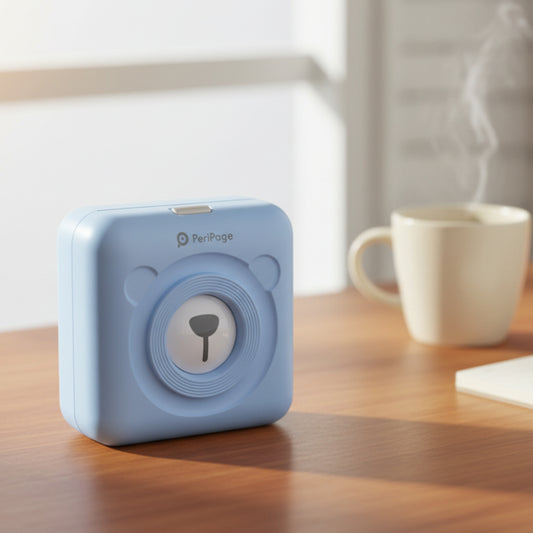 Small blue printer with 'PeriPage' branding on a light blue background