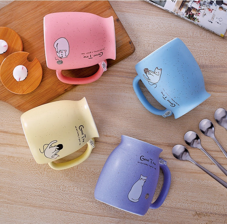 450ml Cartoon Ceramic Cat Mug with Lid & Spoon