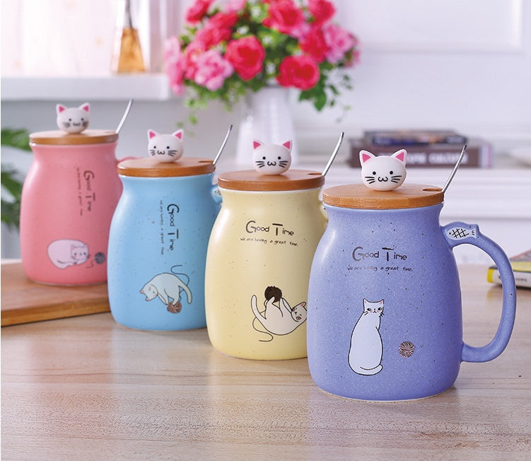 450ml Cartoon Ceramic Cat Mug with Lid & Spoon
