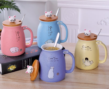 450ml Cartoon Ceramic Cat Mug with Lid & Spoon