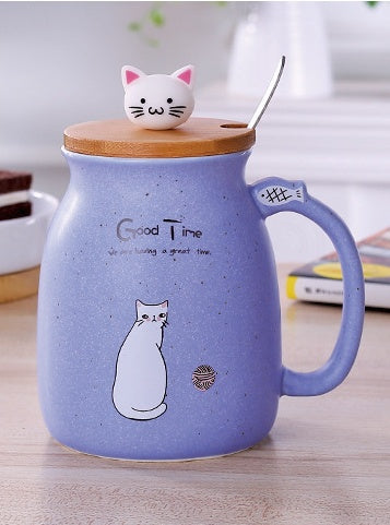 450ml Cartoon Ceramic Cat Mug with Lid & Spoon