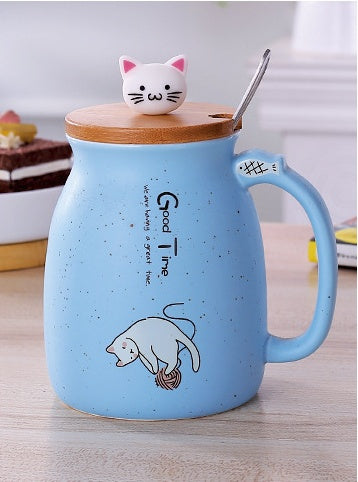 450ml Cartoon Ceramic Cat Mug with Lid & Spoon