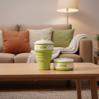 Collapsible green and white cup with matching container against a sunflower background