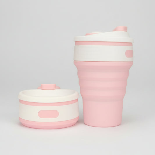 Pink collapsible cup and lid with cherry blossom background