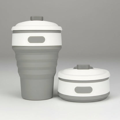 Collapsible gray and white travel mug and container set on a white background