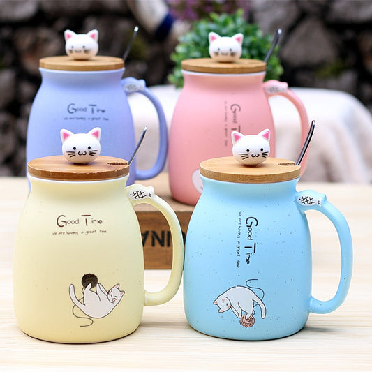 450ml Cartoon Ceramic Cat Mug with Lid & Spoon