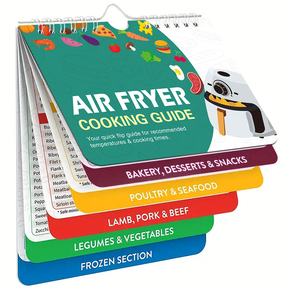 Air fryer cooking guide with colorful sections on a white background
