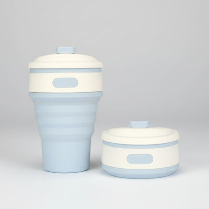 Collapsible silicone water bottle with a matching storage container on a white background