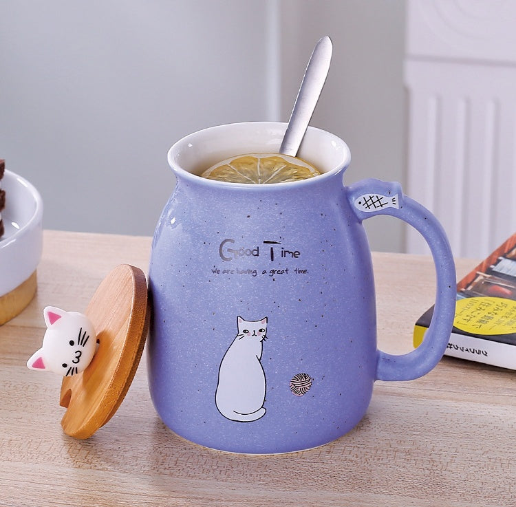 450ml Cartoon Ceramic Cat Mug with Lid & Spoon