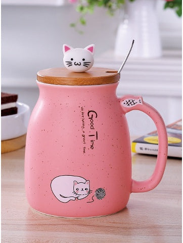450ml Cartoon Ceramic Cat Mug with Lid & Spoon