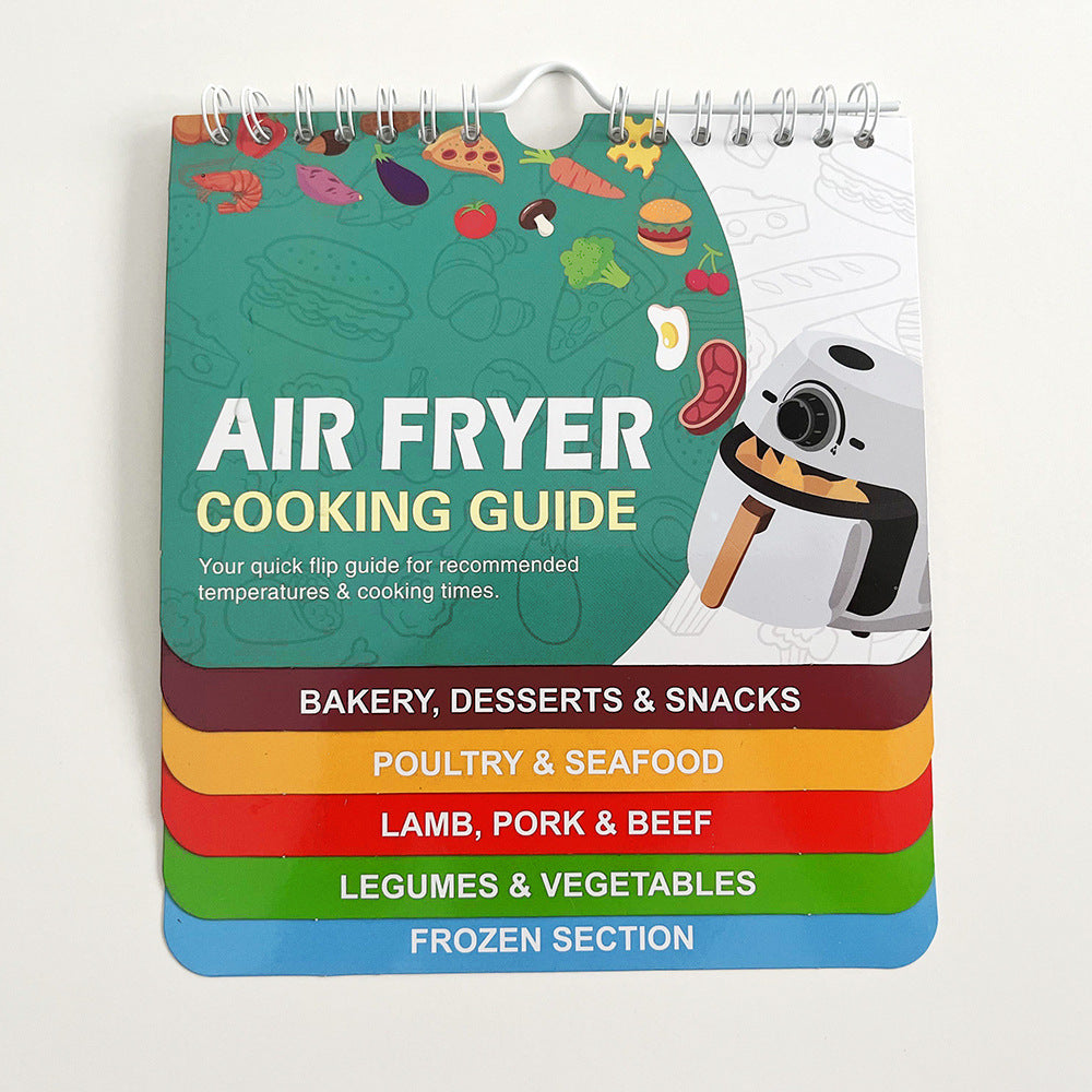 Air fryer cooking guide book with colorful cover and cartoon character on a white background